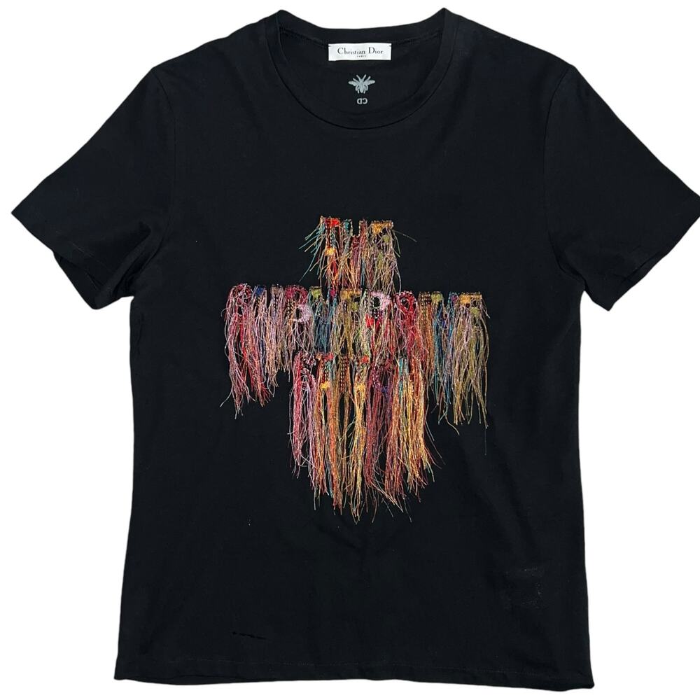 L Christian Dior Black The Subversive Stitch 2019 Embroidered Fringe T-Shirt Top - Picture 11 of 13